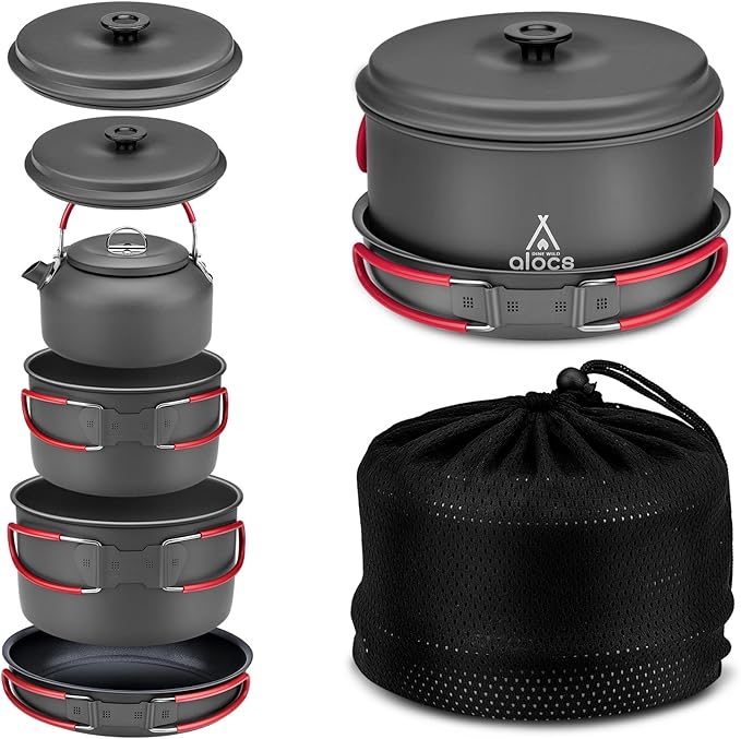 Alocs Camping Cookware Set Camping Gear, Compact Camping Pots and Pans Set, Durable Hard Alumina Camping Cooking Set for Outdoor Backpacking Camping Hiking Picnic, Included Mesh Carry Bag.