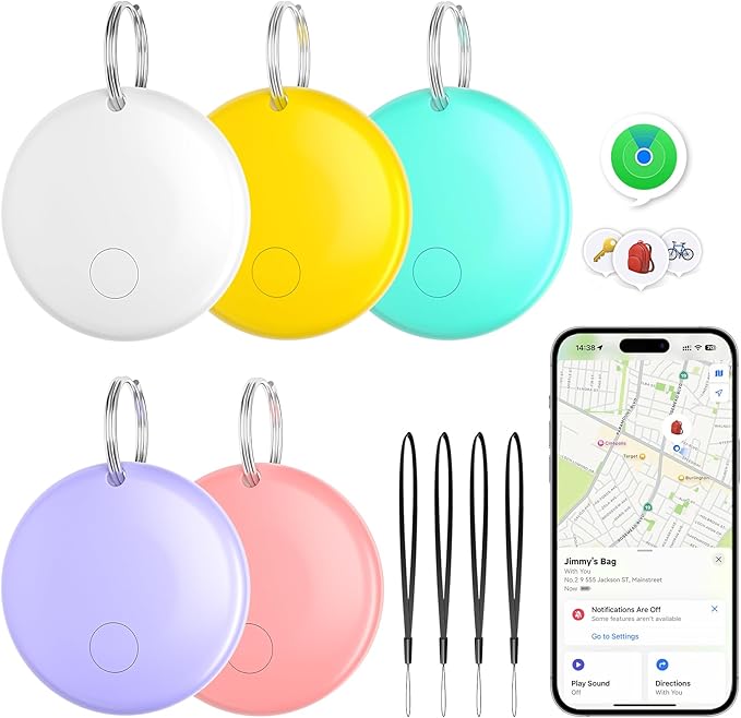 JTD Air Tracker Tags 5 Pack for Find My, 2026 Upgraded with IP68 Waterproof Item Finder with Left-Behind Alert, 5 Colors for Keys, Luggage, Backpack, Wallet. iOS Only.
