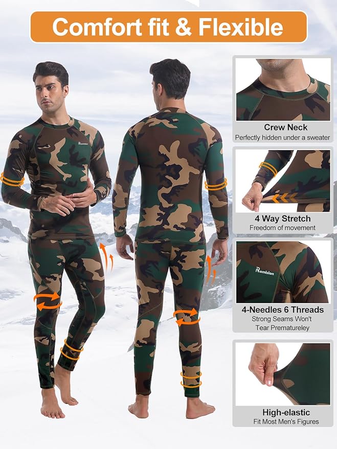 romision Thermal Underwear for Men Long Johns Fleece Lined Hunting Gear Bottom Top Set Base Layer for Cold Weather Gift