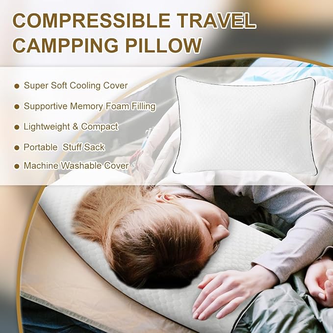 Ivellow Travel Pillow Cooling Camping Pillow for Sleeping Compressible Shredded Memory Foam Pillow Compact Firm Supportive Pillow for Adults Kids Outdoor Backpacking Hiking Essential Gear White S