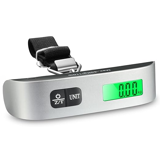 Fosmon Digital Luggage Scale, LCD Display Backlight Temperature Baggage Scale with 110lbs Capacity, Portable Stainless Steel Hanging Luggage Weight Scale with Tare Function for Travelers - Silver