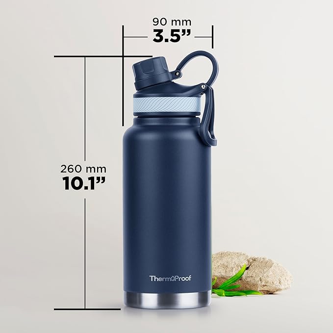 ThermoProof Double-Walled Vacuum Insulated Stainless Steel Water Bottle - Wide Mouth Canteen, Spout & Straw Lids, Dishwasher Safe, Reusable, Leakproof, Hot & Cold for Men, Women & Kids - 32oz, Navy