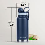ThermoProof Double-Walled Vacuum Insulated Stainless Steel Water Bottle - Wide Mouth Canteen, Spout & Straw Lids, Dishwasher Safe, Reusable, Leakproof, Hot & Cold for Men, Women & Kids - 32oz, Navy