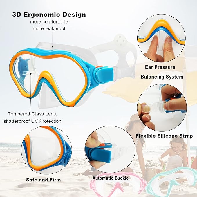 Kids Mask Fins Snorkel Set Snorkeling Packages, with Diving Mask, Snorkel, Adjustable Swim Fins, Mesh Bag, Anti-Fog Anti-Leak Snorkeling Gear for Kids for Snorkeling Swimming Diving