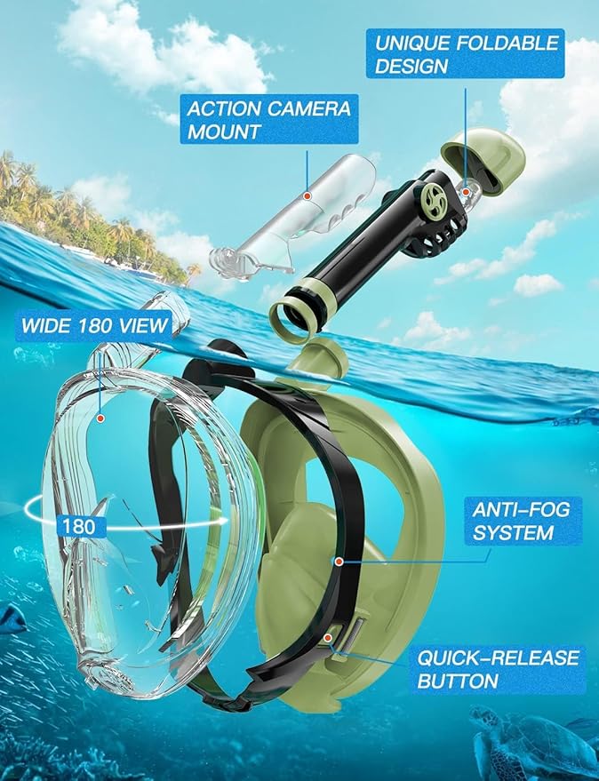 Zenoplige Full Face Snorkel Mask Adults,Dry-Top Snorkeling Gear with Camera Mount,Foldable 180-Degree Panoramic Scuba Mask for Snorkeling Diving Swimming Travel,Snorkel Mask Anti-Fog & Anti-Leak