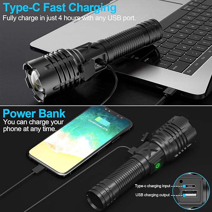 Flashlights High Lumens Rechargeable (Battery Included), XHP70.2 Super Bright LED Flashlight with Holster, Type-C, 5 Modes, Zoomable, IPX6 Waterproof Flashlights for Emergency Camping