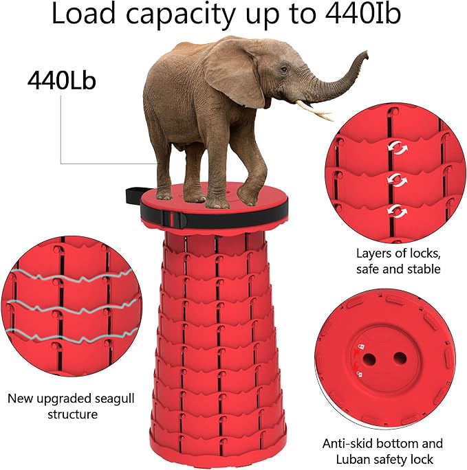 ALEVMOOM Upgraded Retractable Folding Stool Camping Stool, Collapsible Telescoping Stool for Adults, Lightweight Yet More Sturdy, Folding Seats for Camping Fishing Hiking Outdoor (red)