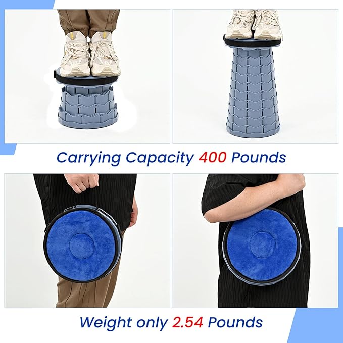 2 Pack Upgraded Collapsible Stool Folding Stool with Cushion,Retractable Folding Stool Max Load Capacity 400lbs, Portable Telescoping Stools for Camping Hiking Outdoor BBQ -Grey