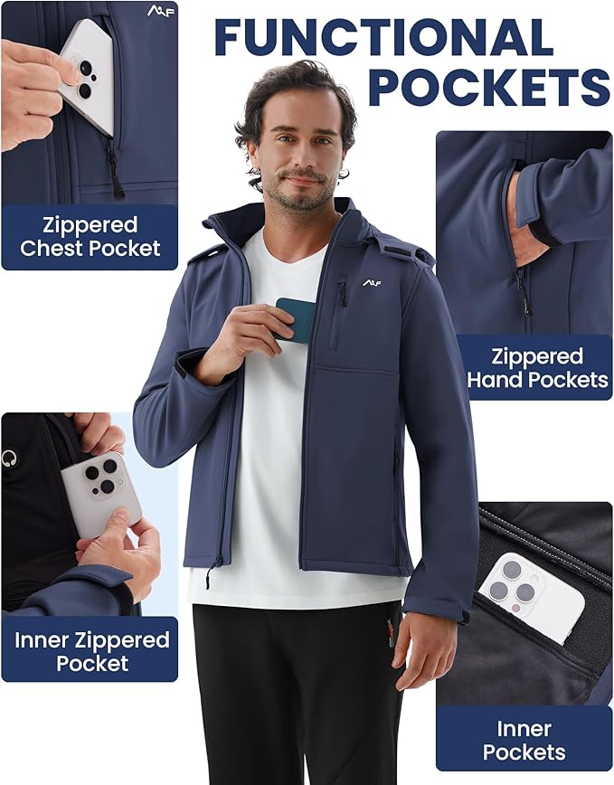 WULFUL Men's Softshell Jacket Waterproof Lightweight Insulated Windbreaker Fleece Lined Rain Shell Jacket for Hiking Travel