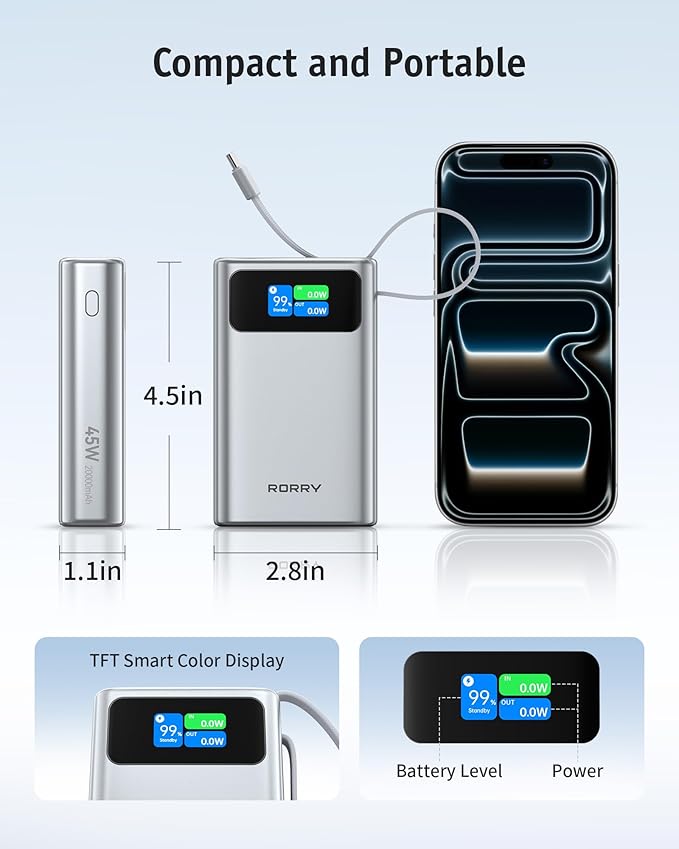RORRY 45W Portable Charger, 20000mAh Power Bank Fast Charging with Extended Built-in USB C Cable, Travel Battery Pack for iPhone 17/16/15, Samsung Galaxy, Google, iPad, MacBook, Sliver