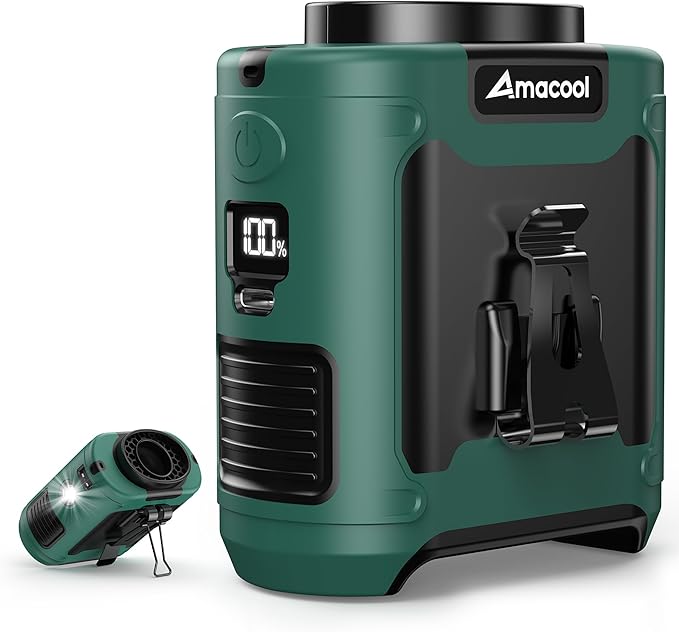 AMACOOL Portable Waist Fan Clip On, MAX 40H Runtime, 10000mAh Rechargeable Wearable Shirt Fan, 16000RPM Powerful 5 Speed Belt Fans Personal Cooling Fans for Outdoor Camping Travel (Dark Green)