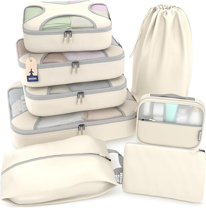 Shacke Packing Cubes for Travel 8 Set - Premium Luggage Organizer Bags - Versatile Travel Organizer for Women and Men - Optimized Packing Bags - Travel Essentials (Sand)