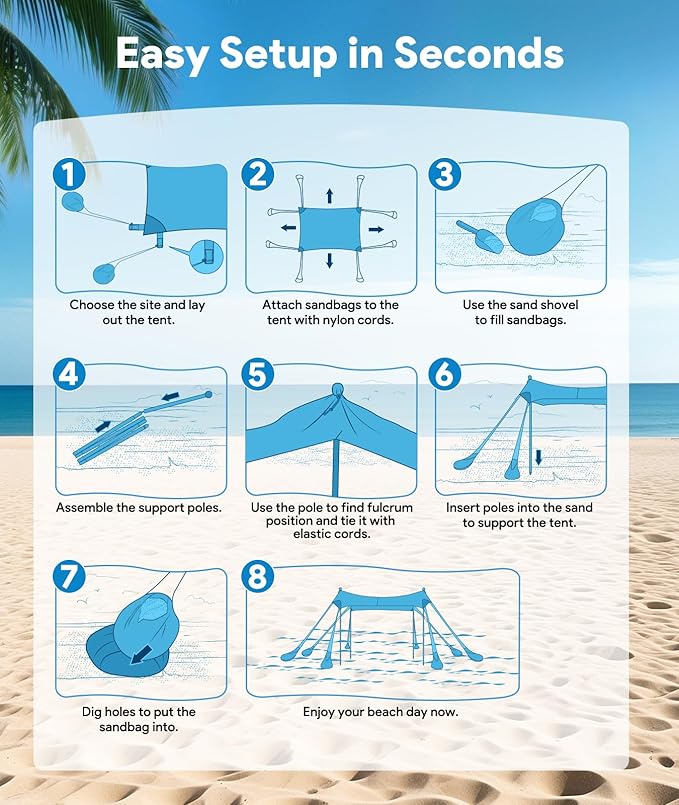 Beach Tent Sun Shelter, 10 x 10 FT Beach Canopy Tent Sun Shade, UPF50+ Tents Canopy with 8 Sandbags & 4 Stability Poles, Outdoor Tents for Camping Fishing, Boat