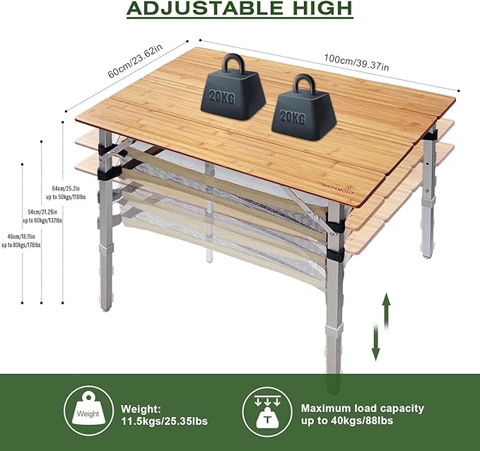 Bamboo Folding Camping Table 4 Folds with Adjustable Aluminum Legs Portable Picnic Table with Storage and Carry Bag for Outdoor Hiking Beach 3-5 Person