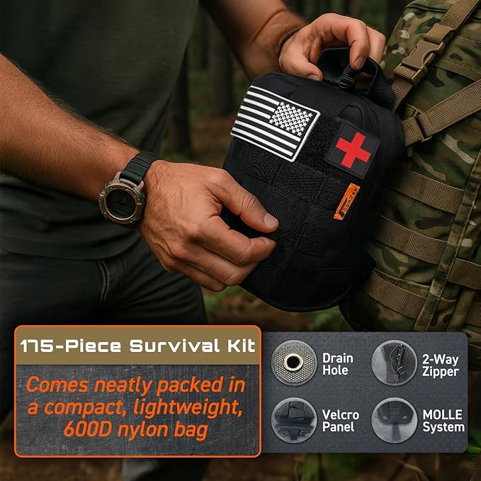 GunZee 175-Piece Survival Kit, First Aid Kit for Emergency and Outdoor Adventures, IFAK, Fishing Gear, MOLLE-Compatible Bag, Car Travel, Camping, Hiking, Earthquake, Tornado, Gifts for Men and Women