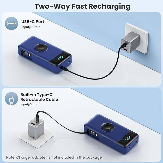 Portable Charger 40800mAh Power Bank with 2 Built-in Retractable Cables,25W PD Fast Charging Phone Charger with iWatch Charger,5 Output 2 Input LCD Display Battery Pack for iPhone 16/15,Android (Blue)