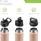 SipX™ Triple-Insulated Stainless Steel Water Bottle 18oz. With 3 Lids, BPA-Free Reusable Insulated Water Bottle Keeps Cold 24 Hours, (Peach)