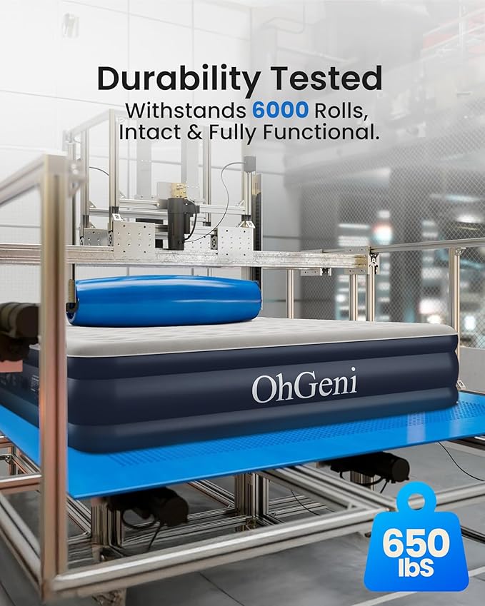 OhGeni Air Mattress Queen with Built in Pump, Blow Up Colchones Inflables Mattress for Guests, Portable Air Mattresses with Carrying Bag, 18" Raised Elevated Air Bed for Camping, Dark Blue