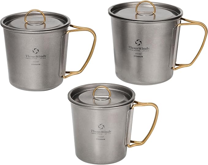 Titanium Mugs, 250-450ml Camping Cups with Lid Set, Lightweight Coffee Cup for Hiking, Backpacking, Camping