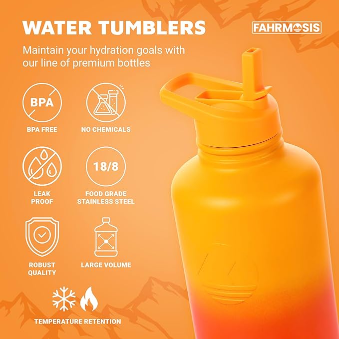64 Oz Insulated Water Bottle with Strap Stainless Steel Sports Water Bottle with 3 Lids (Straw, Chug and Flip Lid) Leak Proof Metal Half Gallon Jug for Men & Women - Orange Fusion
