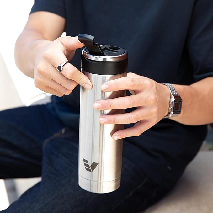 Maxi Stainless Steel Water Bottle 26oz - Double wall vacuum insulated | Integrated carry handle | leak proof flip top lid | Lightweight & stylish - Stainless