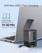 Retractable Charger with Wall Plug, 105W GaN 6-in-1 Charging Station with Magnetic Pad – MagSafe Compatible USB-C/Type-C Fast Charging Charger for iPhone, AirPods, MacBook