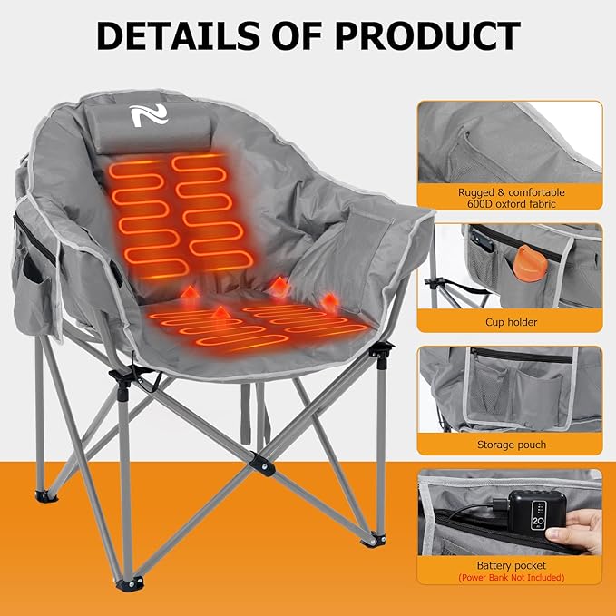 LILYPELLE Oversized Heated Camping Chair, Patio Lounge Chairs with 3 Heat Levels, Portable Folding Heated Chair Round Moon Saucer Folding Lawn Chair Outdoor Chair for Camping, Lounge Patio