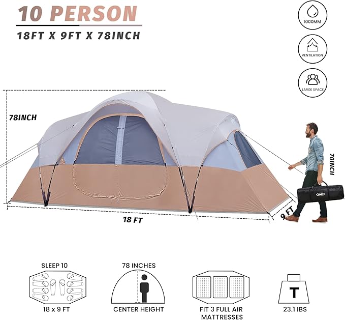 UNP Camping Tent 10-Person-Family Tents, Parties, Music Festival Tent, Big, Easy Up, 5 Large Mesh Windows, Double Layer, 2 Room, Waterproof, Weather Resistant, 18ft x 9ft x78in