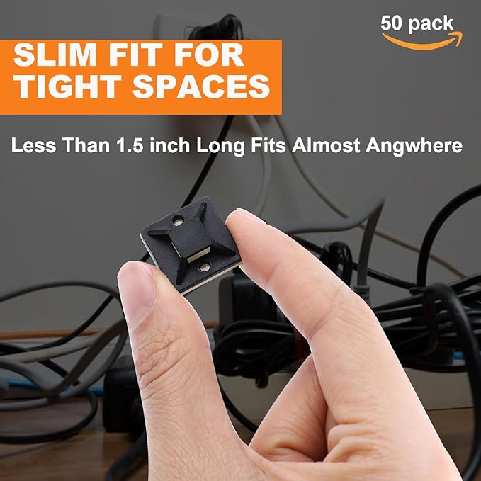 50 Pack 1.5 inch Zip Tie Adhesive Mounts Self Adhesive Cable Tie Base Holders with Multi-Purpose Tie wire clips with screw hole,Anchor stick on wire holder with 8 inch zip ties（White）