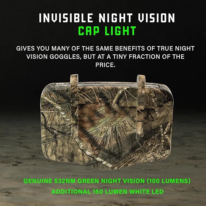 Night Vision Cap Light –Compact, Clip-On Hat Flashlight Powered by AAA | Dual LED Modes for Camping & Hunting | Lightweight Hat Flashlight for Billed Hats Suitable for Outdoor use Camo