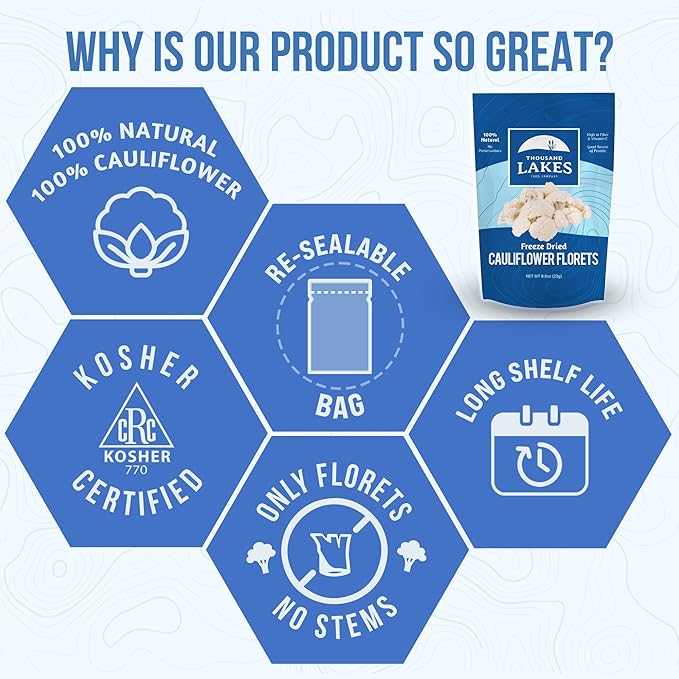 Thousand Lakes Freeze Dried Vegetables - Cauliflower Florets and Stems 2-pack 0.8 ounces (1.6 ounces total) | No Salt Added