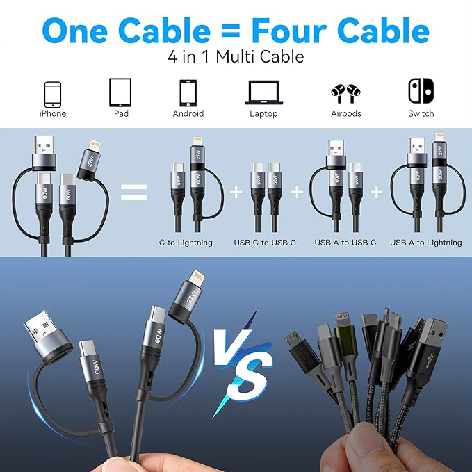 Coiled Lightning Cable [2Pack 4FT] 4 in 1 Multi Charging Cable 60W Fast Charging Retractable Charger Cord for iPhone 17 16 15/14/13/12/11 Pro Max/XS MAX/XR/XS/X/8/7/6 Plus/iPad/AirPods/MacBook/CarPlay