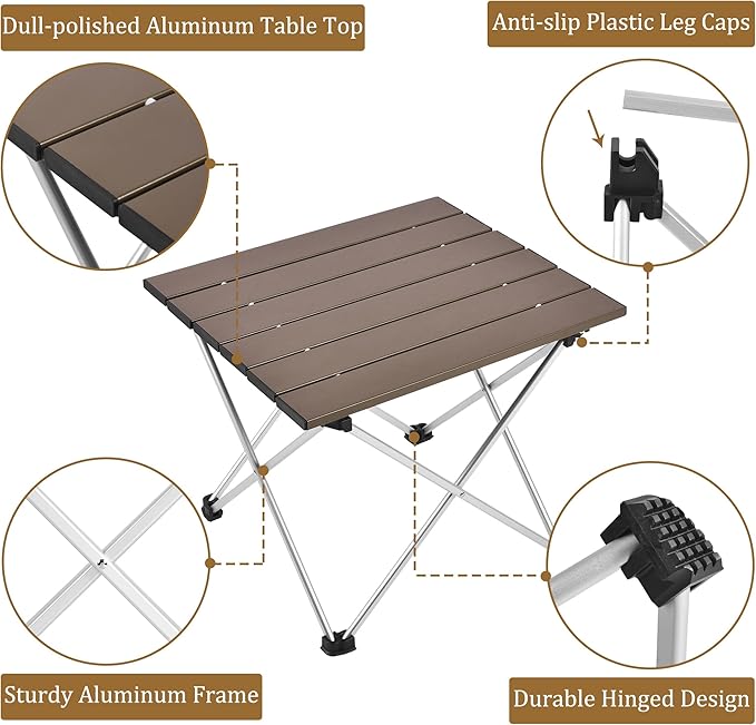 Grope Portable Camping Table with Aluminum Table Top, Folding Beach Table Easy to Carry, Prefect for Outdoor, Picnic, BBQ, Cooking, Festival, Beach, Home (Coffee-S)