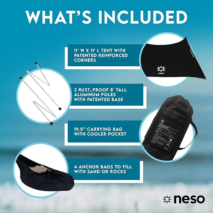 Neso Gigante - Portable Beach Tent - Ideal to Enjoy with Family and Friends - UPF 50+, Water-Resistant, and Lightweight - Black, 11' x 11'
