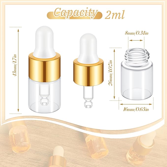 100 Pcs Mini Glass Oil Dropper Bottle Bulk, Clear Essential Small Empty Bottles Sample Containers Perfume Liquid Vials with Cap for Traveling (2 ml,Gold)