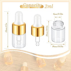 100 Pcs Mini Glass Oil Dropper Bottle Bulk, Clear Essential Small Empty Bottles Sample Containers Perfume Liquid Vials with Cap for Traveling (2 ml,Gold)