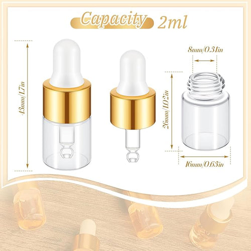 100 Pcs Mini Glass Oil Dropper Bottle Bulk, Clear Essential Small Empty Bottles Sample Containers Perfume Liquid Vials with Cap for Traveling (2 ml,Gold)