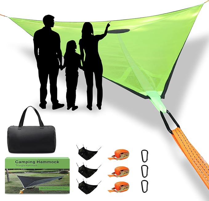 Triangle camping hammock for Outside, multi person hammock 3-6 Person Capacity, Portable 3 Point Hammock With Straps & Storage Bag Outdoor hammock for Gathering, beach, Family (157'', 1100Lbs)