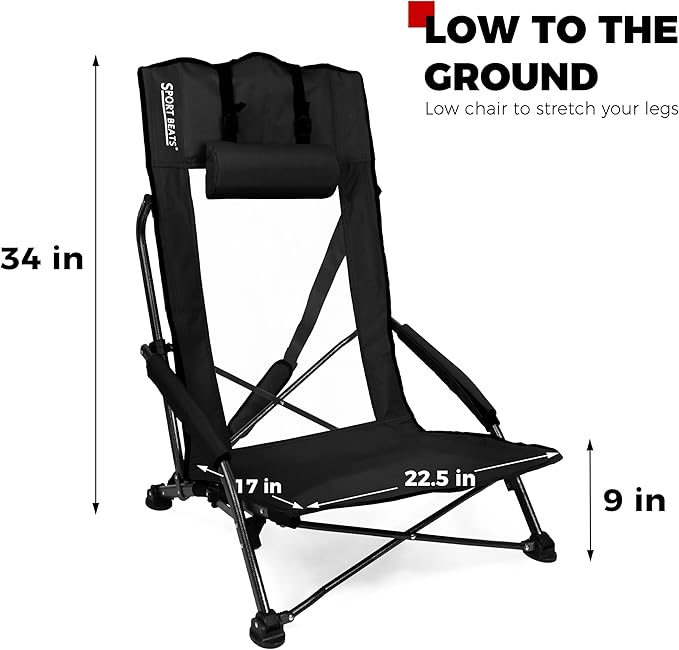 SPORT BEATS Low Beach Chairs Set of 2 Folding Beach Chairs High Back Support with Head Pillows Shoulder Straps