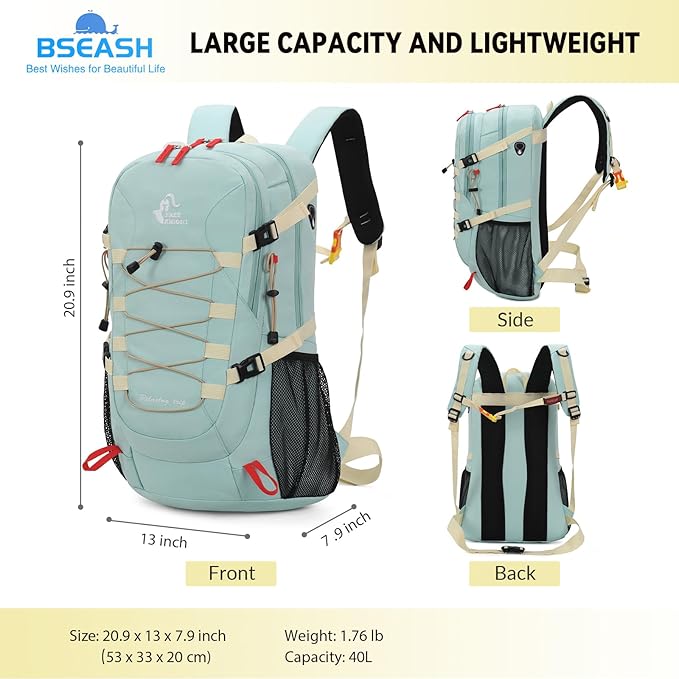 Bseash 40L Waterproof Hiking Backpack with Rain Cover, Outdoor Sport Travel Bag Daypack for Camping Climbing Skiing Cycling (Black)