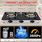 Propane Gas Cooktop,3 Burners Gas Stove portable gas stove, 0.28"Tempered Glass, Auto Ignition Camping 3 Burner LPG for RV,Apartments,Outdoor