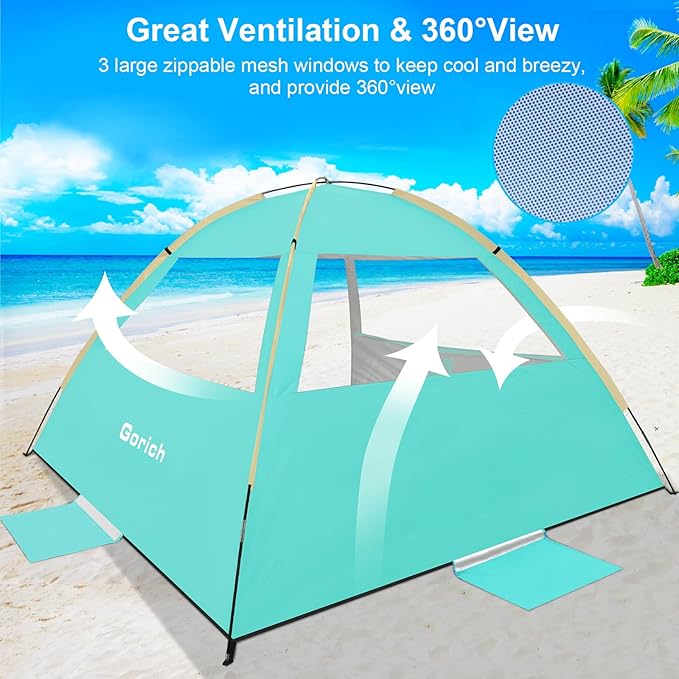 Gorich Beach Tent Sun Shelter for 3/4-5/6-7/8-10 Person with UPF 50＋ UV Protection, Lightweight & Easy Setup Beach Shade Canopy, Portable Beach Shade Tent Beach Cabana