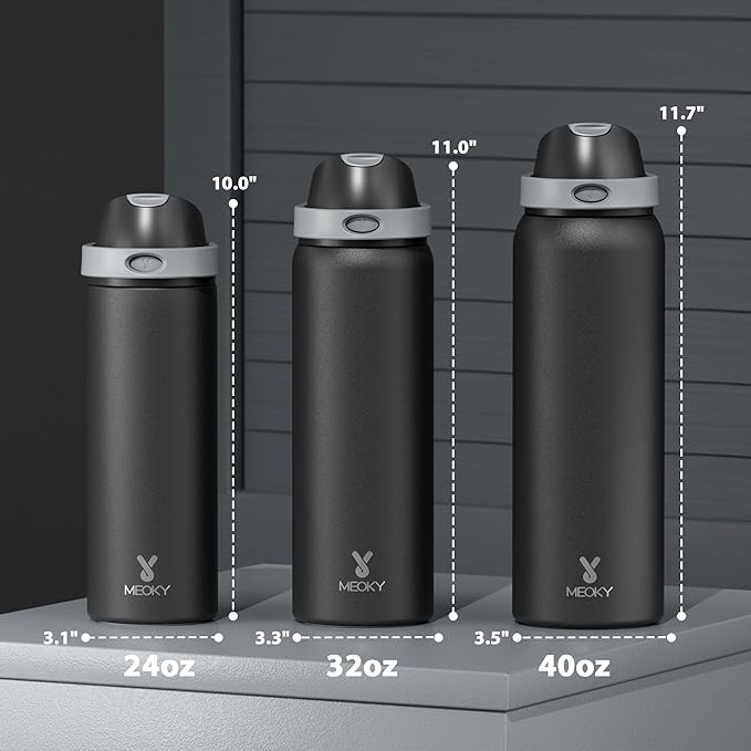 40 oz Insulated Water Bottle for Sports: Meoky Stainless Steel Water Bottle with 2-in-1 Straw and Spout Lid - Leak Proof, Cold for 24 Hours, Protective Silicone Base, BPA-Free for Gym, Night