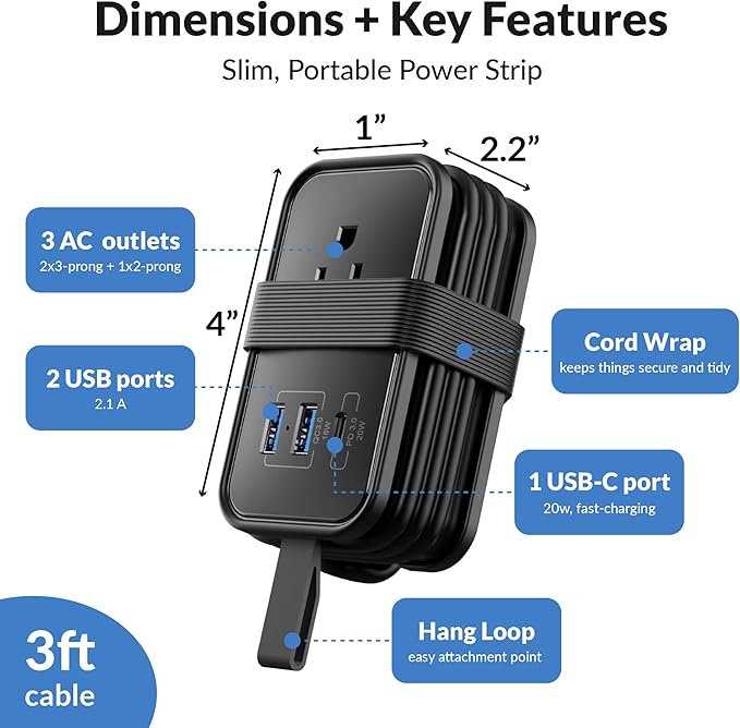 Travel Charger for Multiple Devices, Flat Plug Power Strip 3ft Adapter Extension Cord, 3 AC Outlets, 2 USB & 1 Fast Charging USB-C, No Surge Cruise Approved, Portable Power Strip