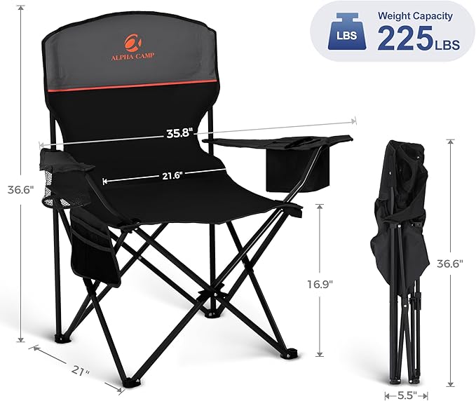 LET'S CAMP Camping Chair 2 Pack Folding Chair with 3-Can Cooler Bag Portable Lawn Chair with Cup Holder,Storage Pocket, Supports 225LBS, Collapsible Chair for Camp, Beach, Picnic (Black)