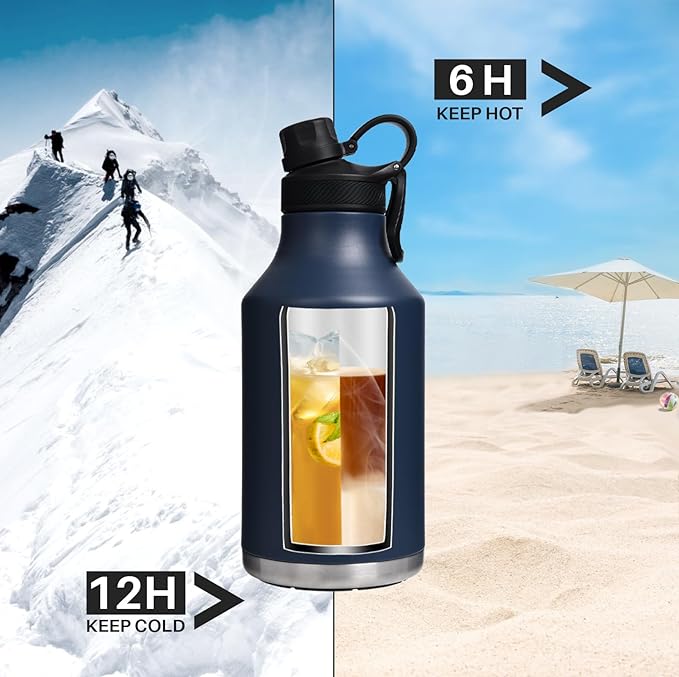 Insulated Water Bottle with Straw Lid Dustproof, 64 Oz Double Wall Stainless Steel Water Bottle for Hot and Cold Beverages, Leafproof BPA Free and Dishwasher Safe-64 Oz Navy Blue