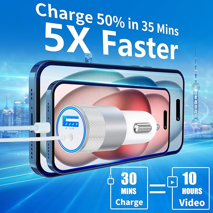 [Apple MFi Certified] Phone 16 Car Charger Fast Charging, Caiinei 4.8A USB Power Cigarette Lighter USB-C Car Carplay Fast Charger + 6FT Type-C Cable for iPhone 16 Pro/16 Plus/16 Pro Max/15/15 Pro/iPad
