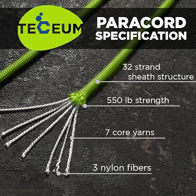 TECEUM 5/32" Paracord Rope 1000 – 1000ft / 200ft / 100ft / 50ft – Tactical Parachute Cord 4mm – 45+ Colors – Nylon String for Survival & Camping Gear – Stripe Cord for Survival – Utility Rope