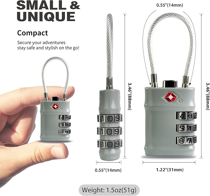 Suitcase Locks TSA Approved, Small Combination Cable Padlock, TSA Locks for Luggage, Combo Padlocks with Code for Backpack Zipper, Gym Locker, Ammo Can, Guitar Gun Case, Box (Black+Gray)