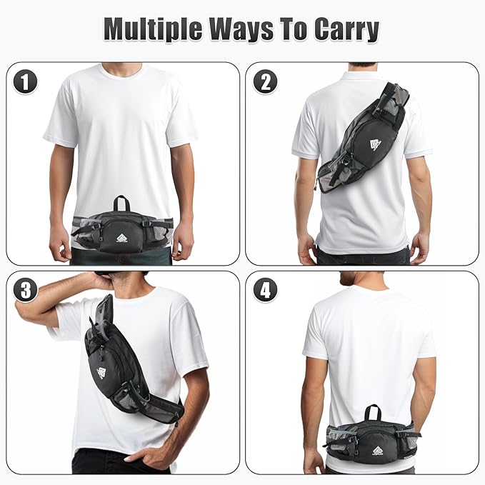 Fanny Pack Waist Bag with Water Bottle Holder for Men Women Running Hiking Travel Dog Walking Workout Cycling Outdoor (Black)